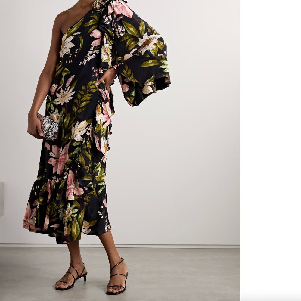 FARM RIO - Surreal Flowers One-Shoulder Crêpe de Chine Midi Dress - Black - XL - Picture 4 of 10